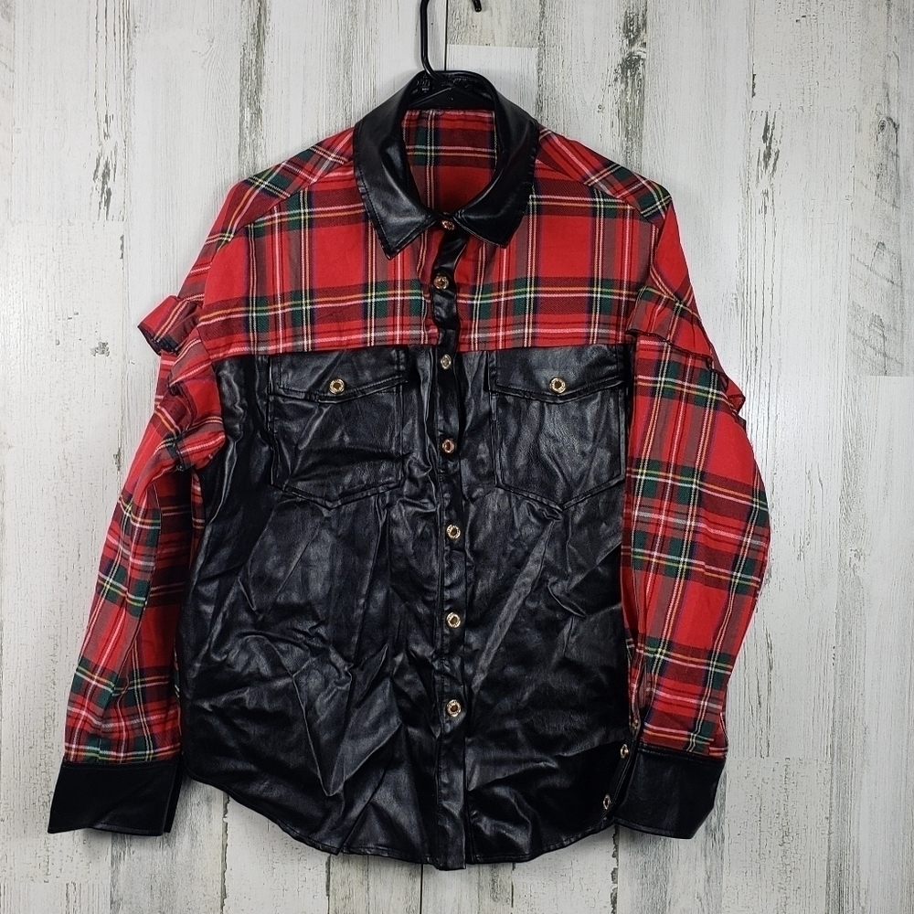shein red and black plaid faux leather long sleeve shirt women's size L